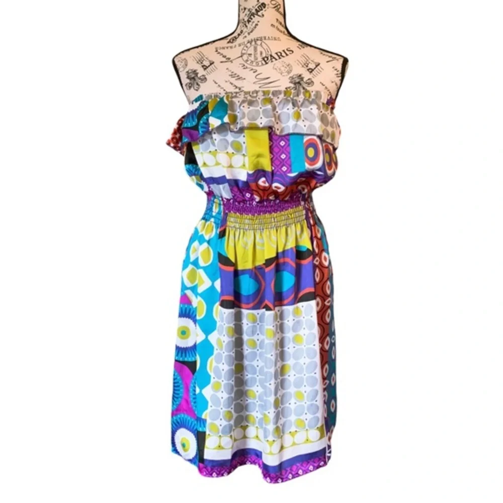 3 for 30 💥 Ventti VTG Satin Strapless Colorful Mini Dress Circus Print Purple - Picture 2 of 16